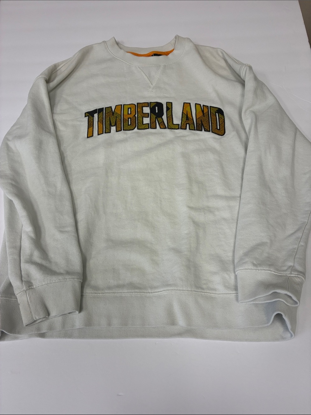 Unisex embroidered Timberland Cream Crewneck with Yellow Logo